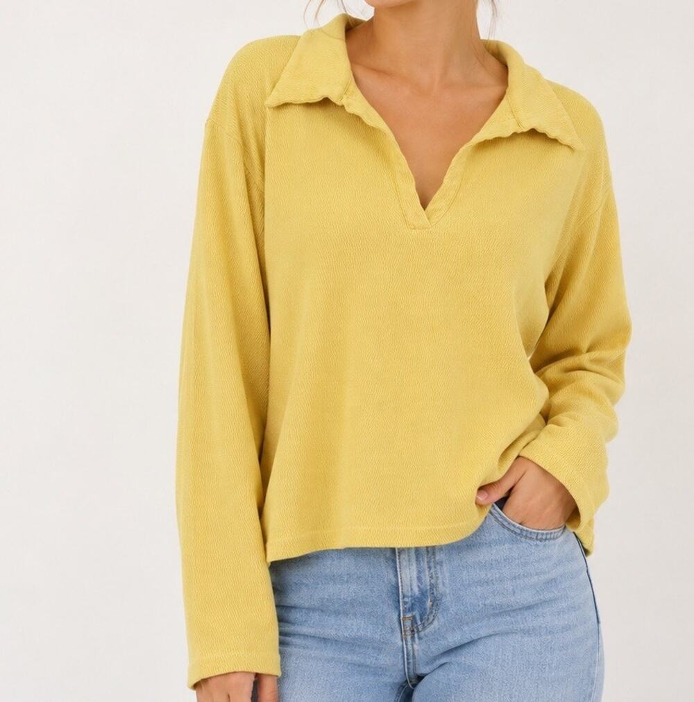 Big Bud Press Fisherman Polo 1X Butter Yellow Waffle Knit Cotton Long Sleeve